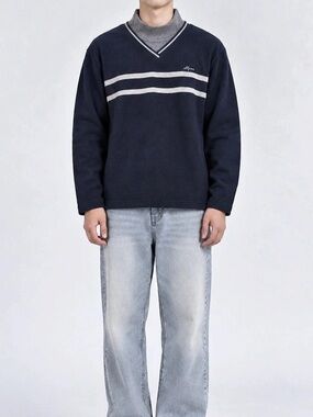 Striped V-Neck Sweater in Blue & Gray Like New